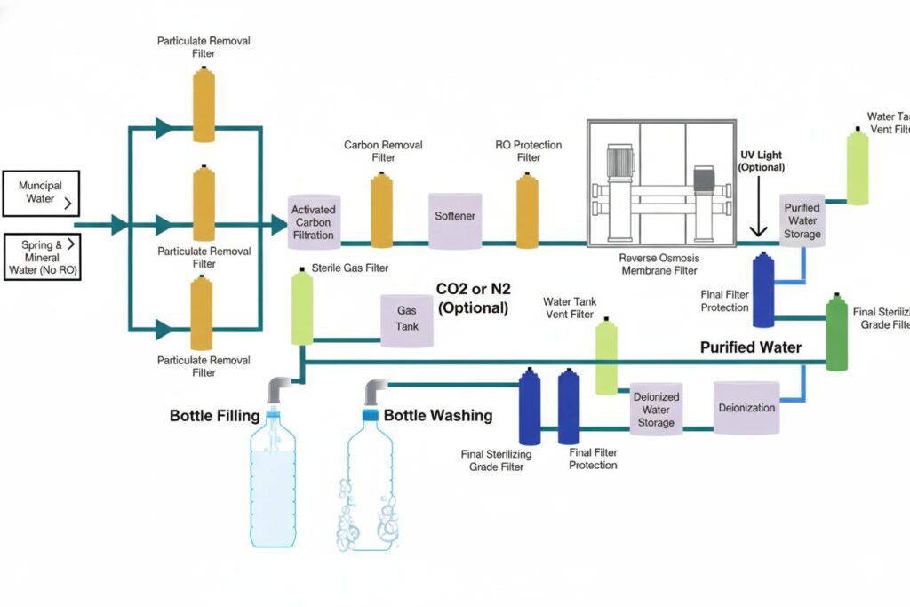 A central high flow filtration system supplying process water to an entire factory