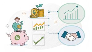 A diagram showing the three benefits a piggy bank a performance graph and two shaking hands