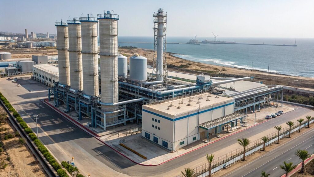 A large-scale desalination plant with prominent RO pre-filtration housings