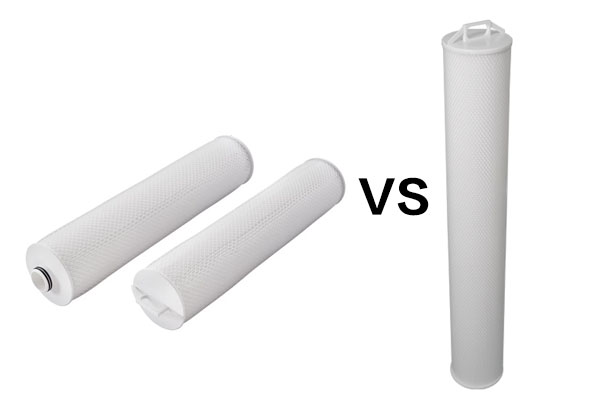 A side-by-side photo of a Parker MegaFlow filter and a Filtrora equivalent replacement