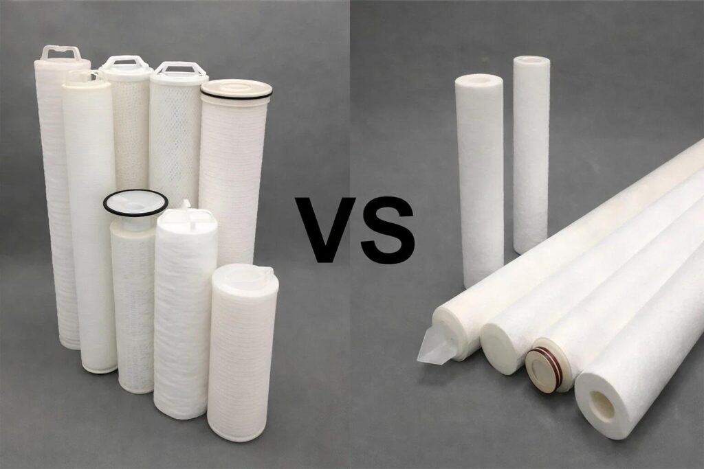 A single high flow cartridge shown next to a pile of ten standard melt blown filters