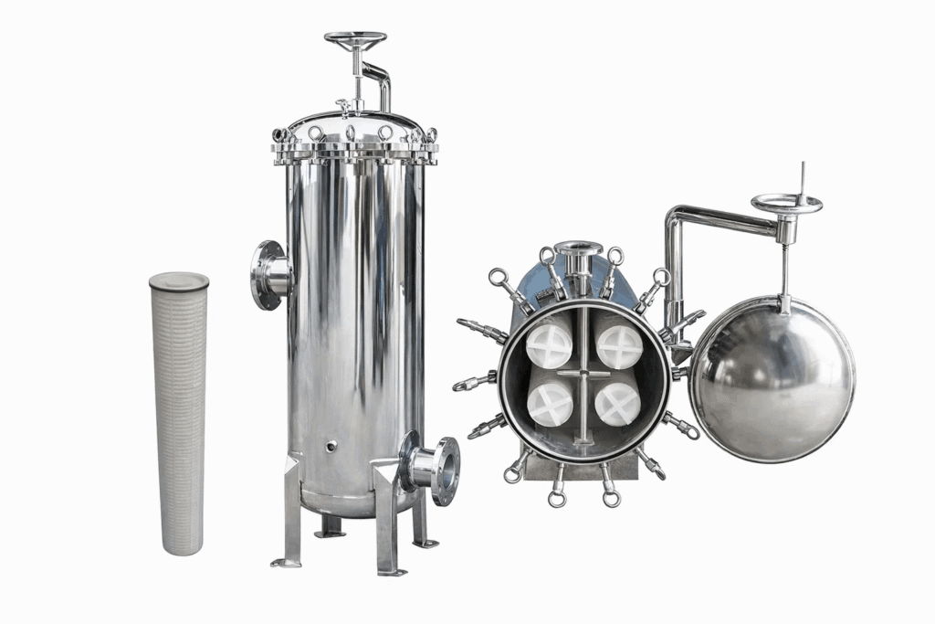 A stainless steel high flow filter housing in a clean food and beverage facility