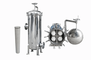 A stainless steel high flow filter housing in a clean food and beverage facility
