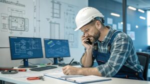 An engineer on the phone providing technical support to a client