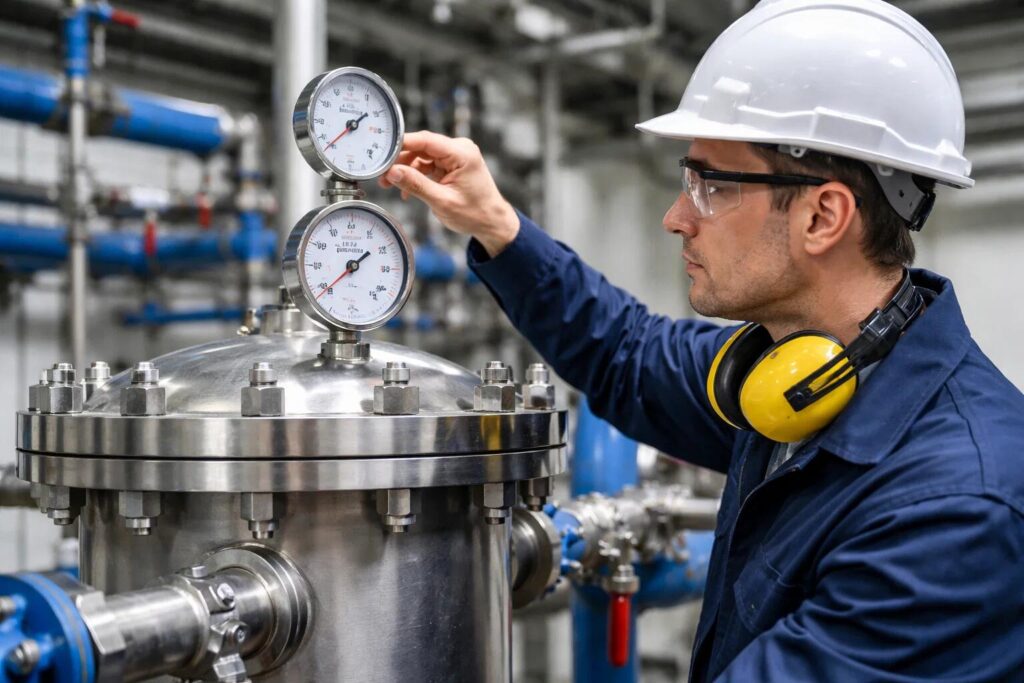 An operator checking the pressure gauges on a filter housing