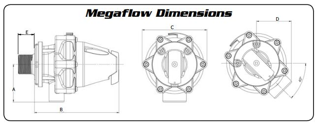 A technical drawing showing the key dimensions and flow path of a MegaFlow-style cartridge