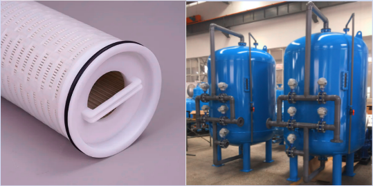 A high-flow filter system next to a traditional sand filter tank for size comparison