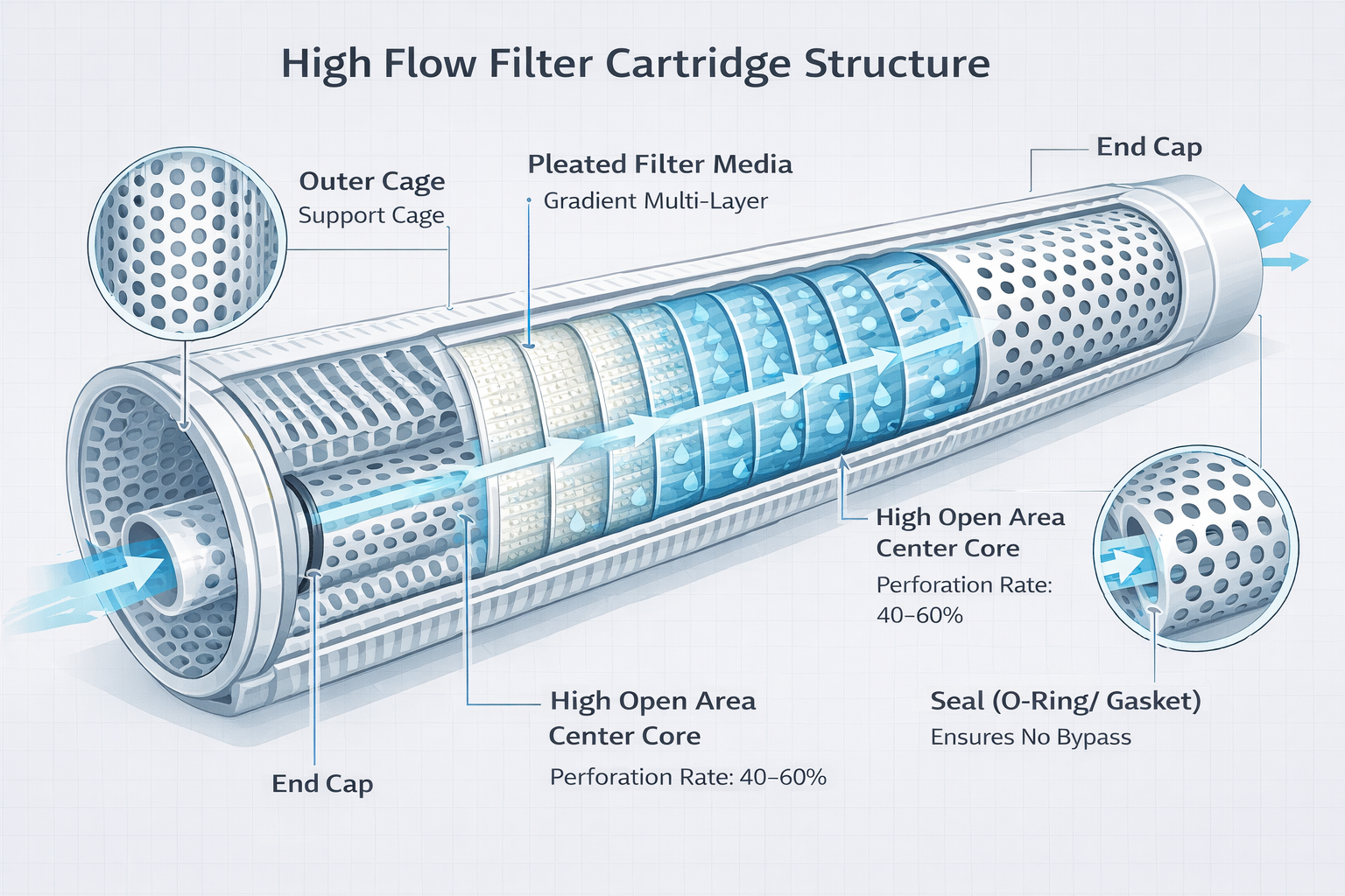A bank of large-diameter High-Flow filter housings installed just before an RO system