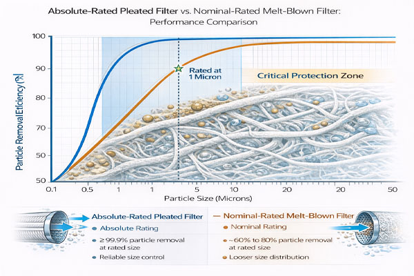A chart comparing the performance curves of an absolute-rated pleated filter versus a nominal-rated melt-blown filter