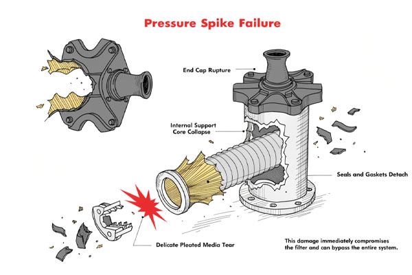 A close-up view of a filter's broken end cap and a crushed inner core, showing clear signs of physical trauma