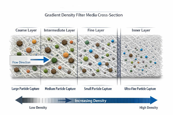 A cross-section diagram of a gradient density filter, showing large outer pores transitioning to small inner pores