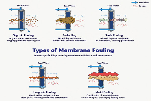 A detailed infographic showing the different types of fouling on a membrane surface