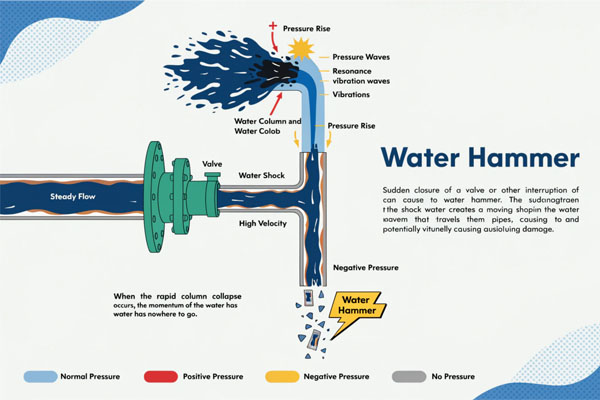 A diagram showing a fluid-filled pipe with a valve slamming shut, creating a high-pressure shockwave that travels backward