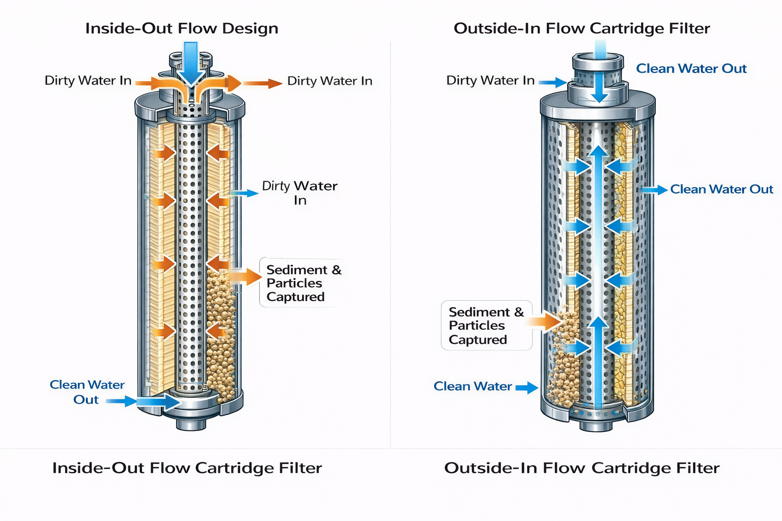 A diagram showing two filter cartridges side-by-side, one with arrows indicating outside-in flow and the other showing inside-out flow