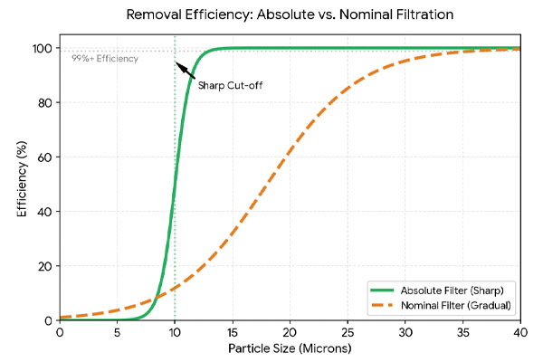 A graph comparing the sharp removal efficiency curve of an absolute filter versus the gradual curve of a nominal filter