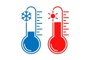 A graphic showing a thermometer next to a filter, with arrows indicating high pressure for cold and low pressure for hot