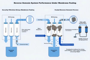 A microscopic image comparing a clean white RO membrane surface to a dark, fouled one