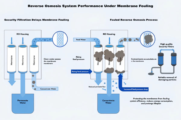 A microscopic image comparing a clean white RO membrane surface to a dark, fouled one