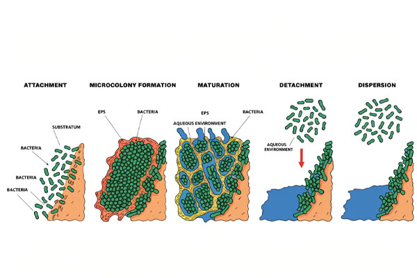 A microscopic, step-by-step diagram showing the five stages of biofilm formation, from initial attachment to dispersion