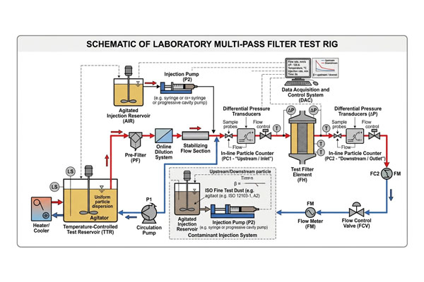 A schematic of a laboratory multi-pass filter test rig with particle counters before and after the filter housing