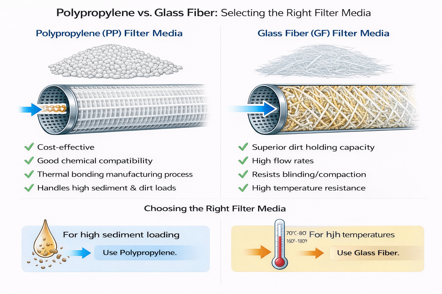 A side-by-side comparison of a PP filter media and a GF filter media under a microscope