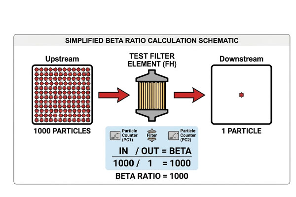 A simple infographic with icons: [1000 particles icon] -> [Filter icon] -> [1 particle icon], with the formula “IN / OUT = BETA””><figcaption>Simple Beta Ratio Calculation Explained</figcaption></figure>
</p>
<p>When I have to explain this to someone without an engineering background, I never start with the lab test. I start with the simple formula and an analogy. The formula is as basic as it gets:</p>
<p><strong>Beta Ratio = Number of Upstream Particles ÷ Number of Downstream Particles</strong></p>
<p>I’ll give them a concrete example. "Let’s say we are worried about 10-micron particles. If our counter measures 500,000 of these particles going into the filter, and the counter on the other side only sees 100 particles getting through, the math is simple. 500,000 divided by 100 equals 5,000. So, the Beta Ratio is 5000 for 10-micron particles." The only thing they really need to remember is that a <strong>bigger Beta number is always better.</strong> It means the filter is doing a better job of stopping dirt. This simple "in versus out" explanation is usually all it takes for them to understand why a filter with a Beta 5000 rating is a much better choice for a critical application than one with a Beta 200 rating.</p>
<h2>Conclusion</h2>
<p>Beta Ratio is not complex. It’s a simple score (particles in divided by particles out) that measures filter efficiency, helping you make confident, data-driven decisions to protect your systems.</p>
</body></html>