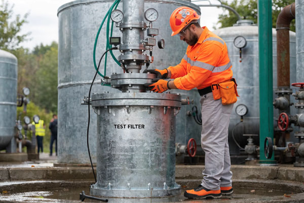 A technician installing a test filter housing for on-site evaluation