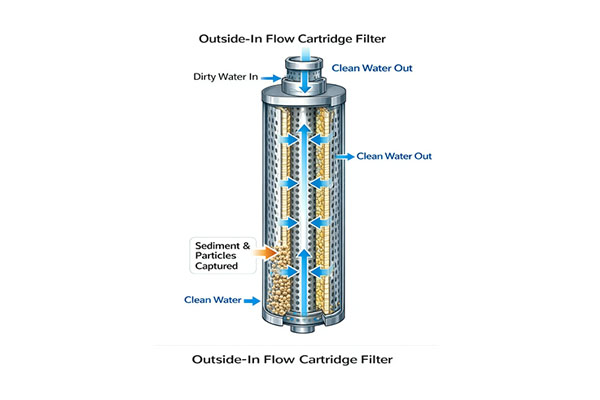 An animation showing liquid flowing into a filter housing, surrounding the cartridge, and clean liquid exiting from the center