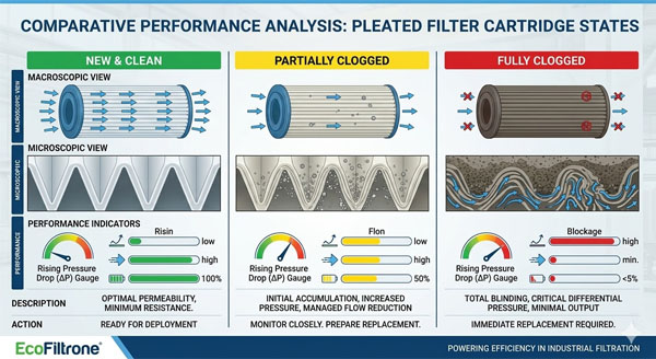 An animation showing two pressure gauges on a filter housing, with the differential pressure increasing over time