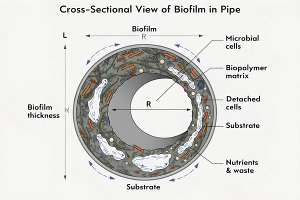 An illustration showing a cutaway of a pipe with a slimy layer of biofilm coating the inner surface