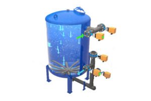 An image of a single, clean security filter standing guard in front of a large RO membrane rack