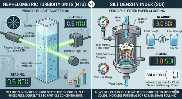 An infographic showing a light beam scattering for NTU vs. a filter paper clogging for SDI