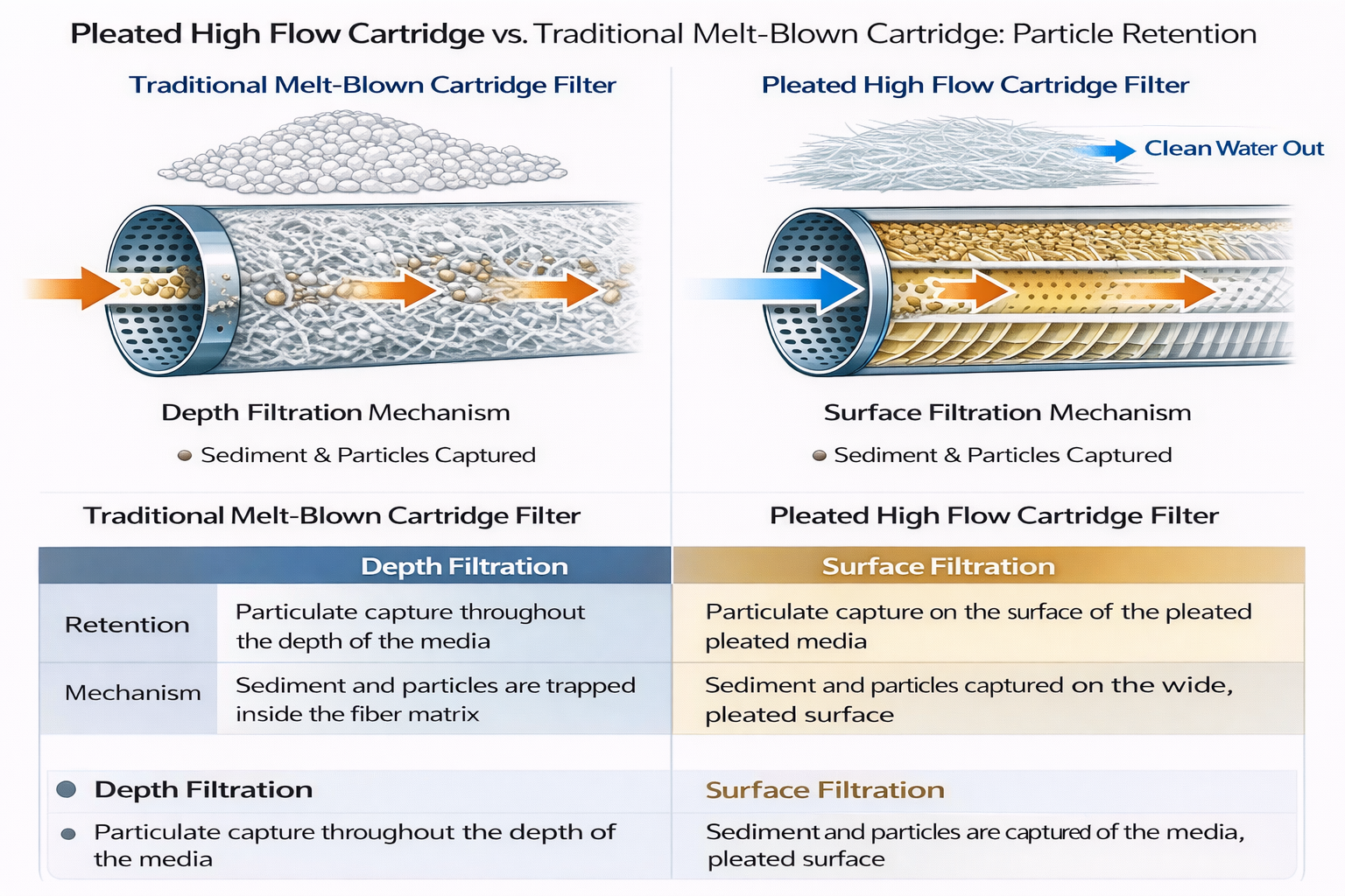 Cross-section graphic showing particles stopping on the surface of a pleat vs. getting trapped inside a fibrous matrix
