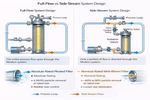 Diagram showing a full-flow filter in the main pipe vs. a side-stream filter on a separate loop