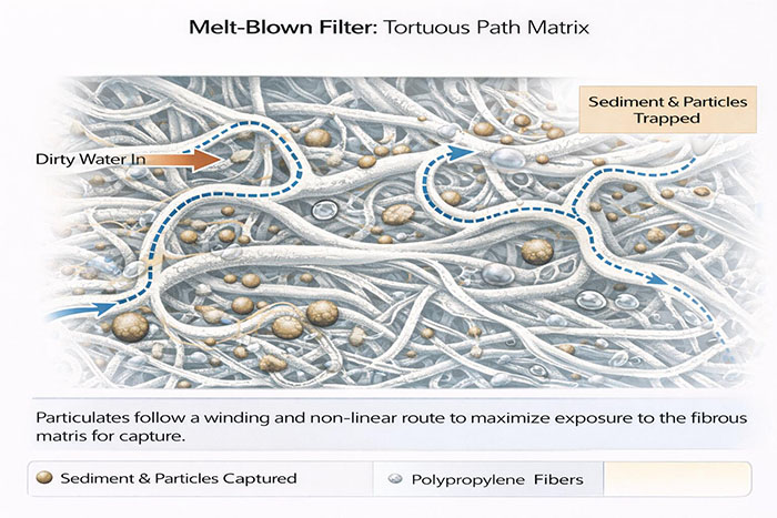 Microscopic view of the tangled and random fibers inside a melt-blown filter cartridge