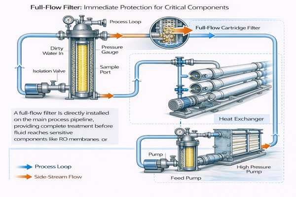 A large industrial filter housing installed on a thick main pipe in a factory setting