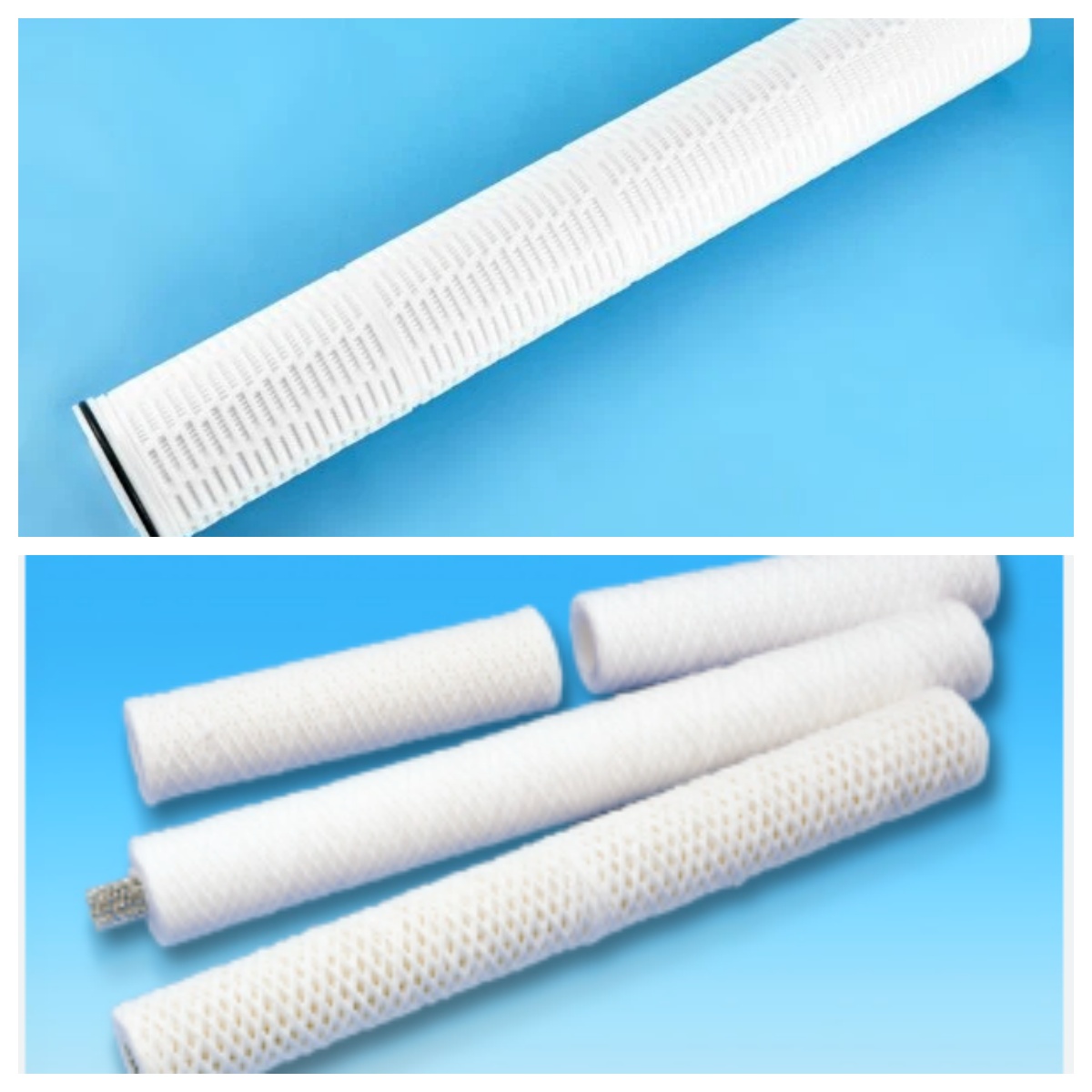 A comparison of a single high-flow filter cartridge next to an array of traditional filter cartridges
