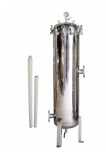 Flow diagram showing a multi-media pre-filtration stage before the main high-flow filter housing