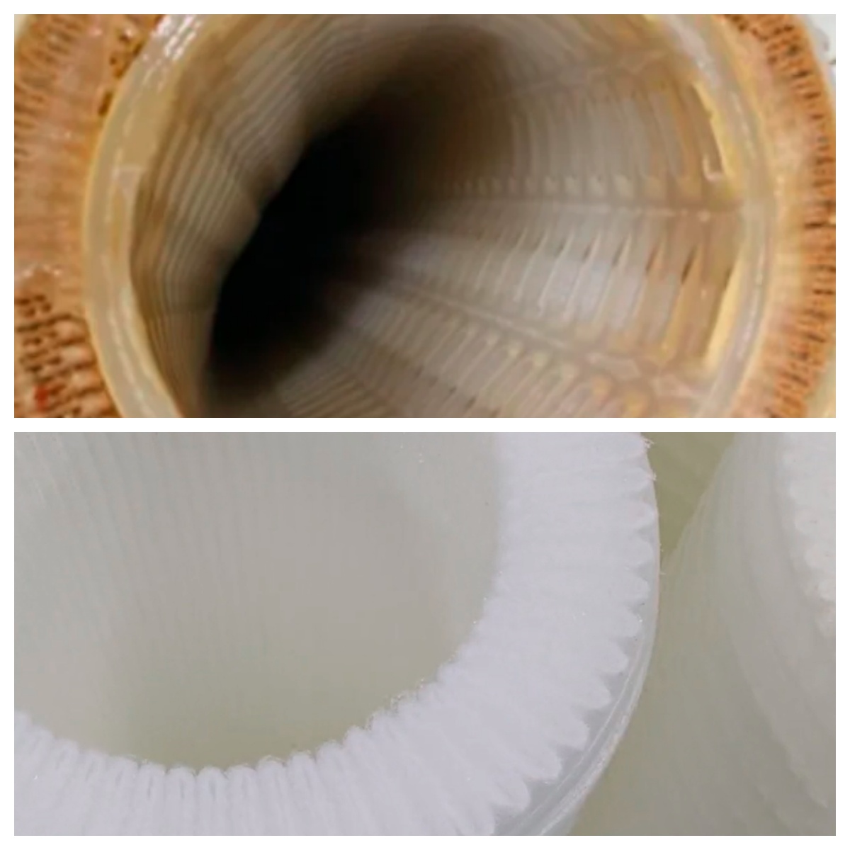 A clogged high-flow filter cartridge next to a clean one to show contrast
