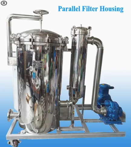 A diagram comparing parallel and single high flow filter housing setups