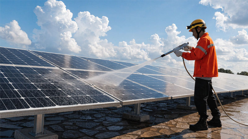 A clean solar panel array with a technician using a water filtration system nearby