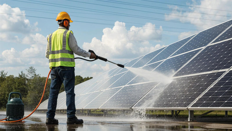 A close-up before-and-after photo of a solar panel section with heavy mineral spots removed