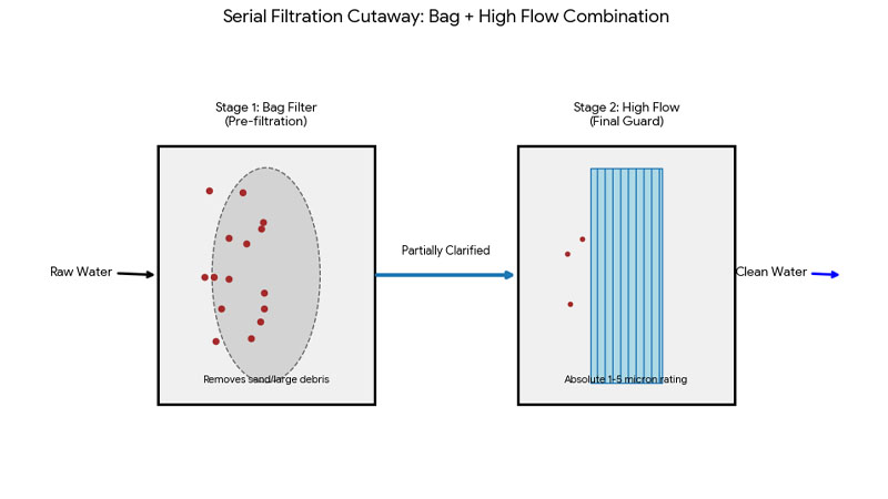 A cutaway view showing water flowing first through a bag filter and then through a High-Flow cartridge