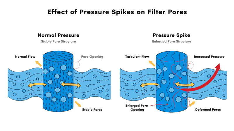 A diagram comparing a filter under normal pressure with stable pores vs. a filter under a pressure spike with enlarged, stretched pores