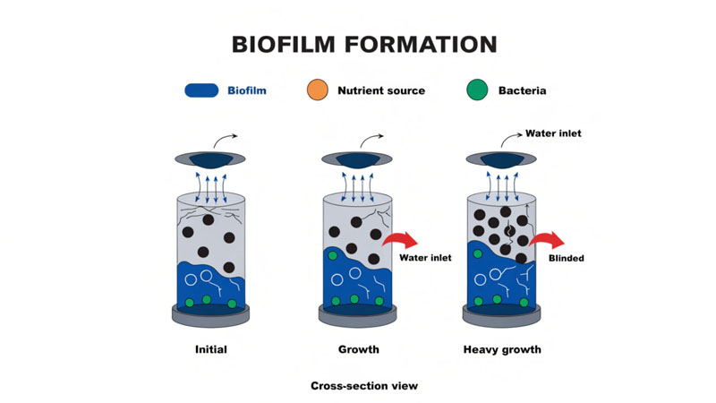 A diagram showing a filter surface being progressively covered and blinded by a growing biofilm layer