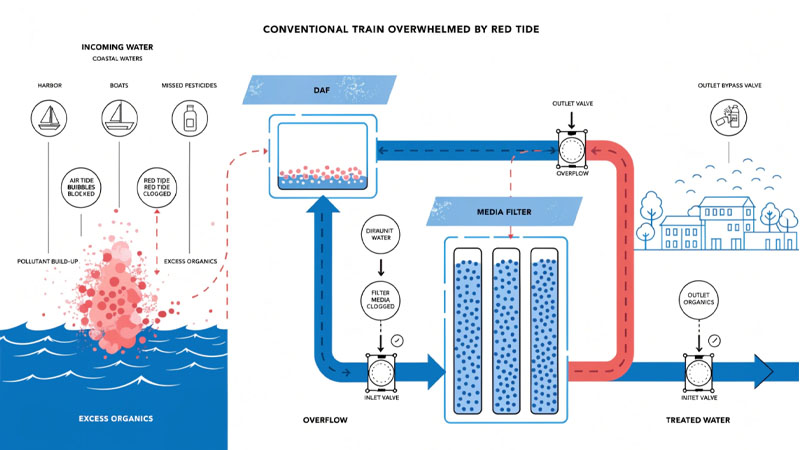 A diagram showing a traditional pretreatment train (DAF, Media Filter) being overwhelmed by a red tide