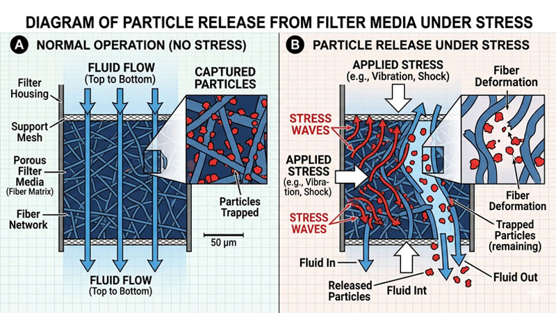 A diagram showing particles being released from a filter media under stress