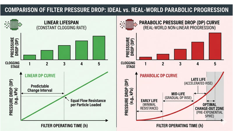 A graph showing the parabolic pressure drop curve of a filter over time