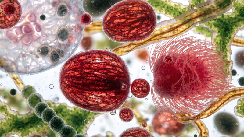 A microscopic image showing various types of algae cells found in a red tide