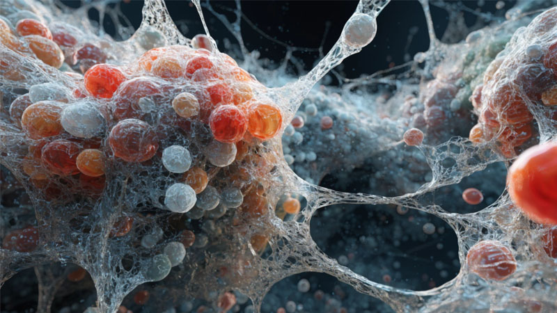 A microscopic view showing bacteria creating a sticky biofilm matrix